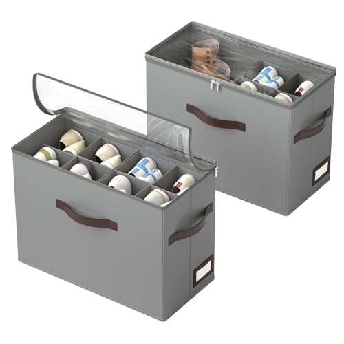 OIAHOMY 2 Pack Shoe Organizer for Closet, Foldable Shoe Storage Bins with Adjustable Dividers, Stackable Oxford Cloth Sneaker Boxes for Entryway Bedroom, Fits Up to 16 Pairs, Grey - color: Grey, size: 2 Pack