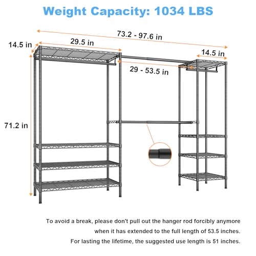 Ulif E11 Heavy-Duty Garment Rack, Metal Freestanding Clothes Rack and Closet Storage Organizer System with 8 Shelves and 4 Hanger Rods, (73.2-97.6)" W x 14.5" D x 71.2" H, Load 1034 LBS, Black - color: Black
