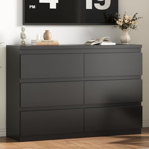 Jocoevol Modern Black 6 Drawer Dresser - Simply Chest of Drawers for Bedroom, Closet, Living Room, Hallway, Entryway, Wood Storage Double Dresser with Smooth Metal Rails - Black - color: Black