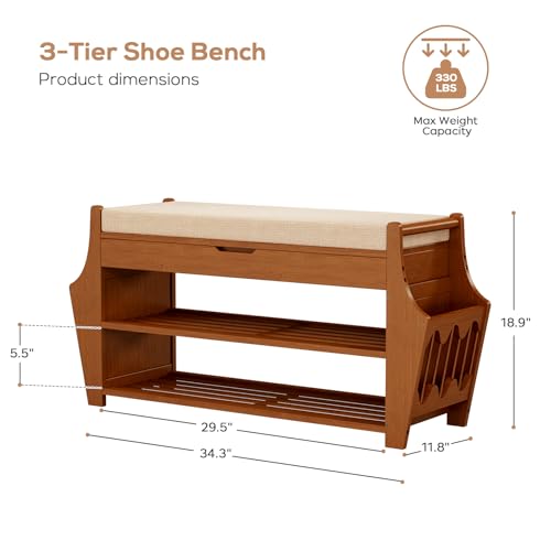 oakvivo 34.3in Shoe Bench, Bamboo 3-Tier Entryway Bench with Storage, Shoe Rack Organizer Holds Up to 330 lb, 34.3 x 11.8 x 18.9 Inches for Entryway Bedroom Closet Living Room Hallway - size: 34.3 inch