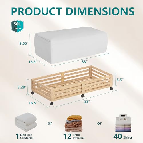 Wisuce Bamboo Under Bed Storage Containers- Underbed Organizer with Wheels with Dust Bag,Sturdy Wood Rolling Under the Bed Shoe Storage Organizer Drawers (Nature, 2 Pack (33.07"×16.54")) - color: Nature, size: 2 Pack (33.07"×16.54")
