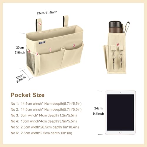Surblue Bedside Caddy Hanging Organizer Storage Bag Pocket for Bunk, Hospital, College Dorm Rooms, Baby Bed Rails, Camp - 8 Pockets, Large, Beige - color: Beige, size: Small