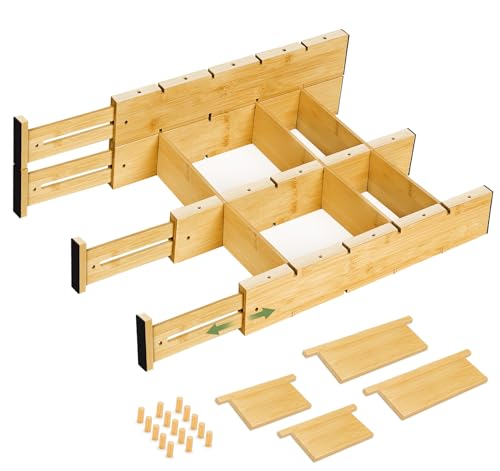 Bamboo Drawer Dividers 4PCS with Inserts, Expandable Kitchen Utensil Drawer Organizers,Adjustable drawer organizer for deep drawers Dresser Closet Underwear Storage Bedroom Bathroom Drawers(16.6"-22") - color: 4 Pack