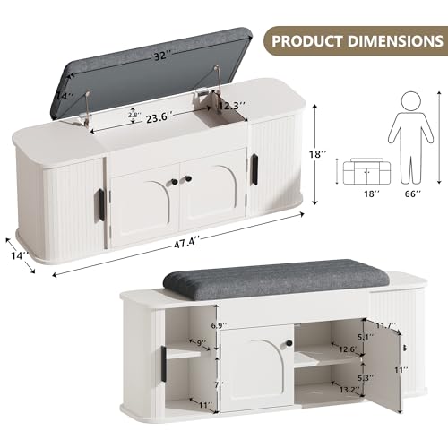 Einhomn 47.2'' Sliding Door Entryway Shoe Storage Bench with Seat Cushion, Shoe Rack with Lift-Top Hidden Storage & Adjustable Shelf, Bench for Bedroom End of Bed, White - color: White
