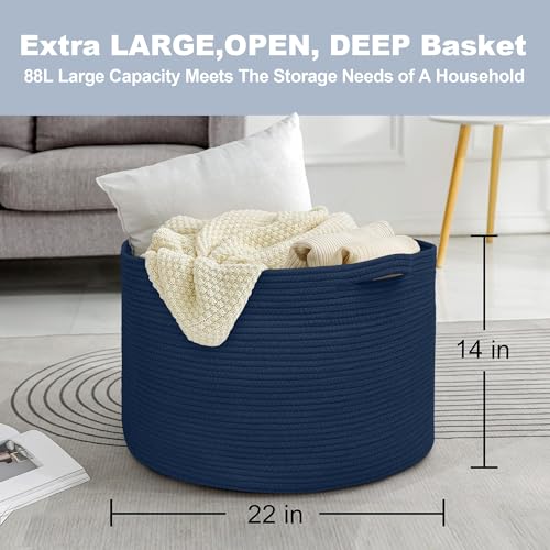 MEGASKET Dark Blue Basket for Organizing, 22" x 14" Extra Large Woven Cotton Rope Laundry Basket, Blanket Storage for Living Room Bedroom, Big Nursery Kids Toy Box Organizer, Pool Towel Storage Bin - color: Dark Blue, size: 22"x22"x14"