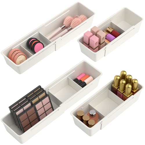 Desk Drawer Organizer Tray, 4 Pack Expandable Drawer Organizer with Dividers Adjustable, Bathroom Organizer Bins for Junk, Office, Makeup, Kitchen Utensil - style: Expandable
