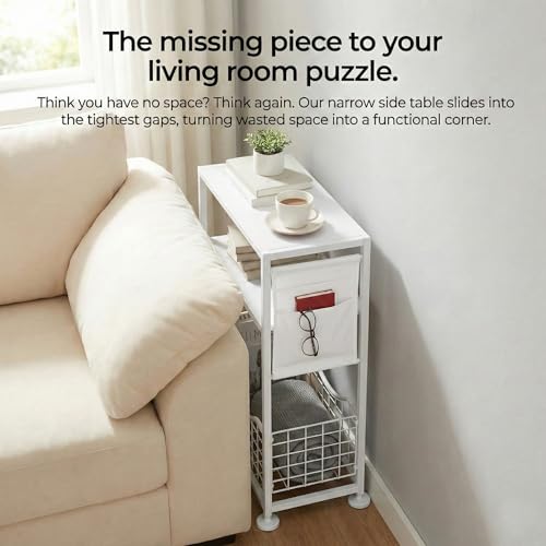 Skinny Side Table with Storage, 3 Tier Slim Side Tables for Small Spaces, Skinny End Table Narrow Bedside Table Narrow Side Table for Living Room, Bedroom - color: White
