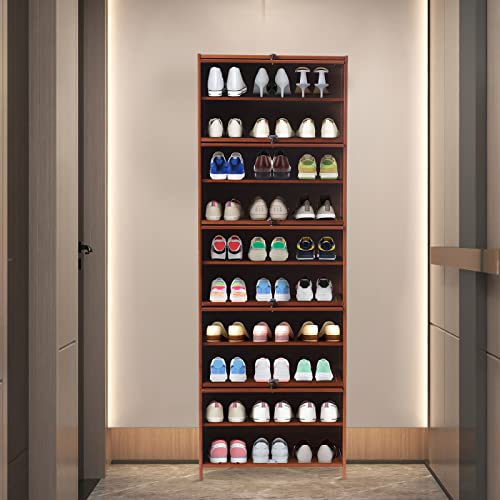 Tall Bamboo Shoe Storage Cabinet Bamboo Shoe Rack with Doors, 11 Tier Freestanding Shoes Heels Sneakers Shelf Rack for 20 Pairs Shoe Organizer for Entryway Office Living Room, Brown
