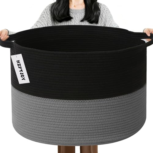 65L Large Blanket Basket,Woven Rope Laundry Basket Hamper with Handles,Decorative Nursery Basket Storage Bin for Toys, Pillows,Clothes Organizer, Living Room,Bedroom,Bathroom,Black&Dark Grey - color: Black&Dark Grey, size: 19.7"L x 19.7"W x 13"H(65L)