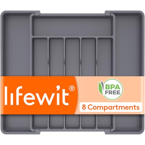 Lifewit Silverware Drawer Organizer, Expandable Utensil Tray for Kitchen, BPA Free Flatware and Cutlery Holder, Adjustable Plastic Storage for Spoons Forks Knives, 10.9"-17.5" x 13.7", Dark Grey - color: Dark Gray, size: Large (11-18''W x 14''D)