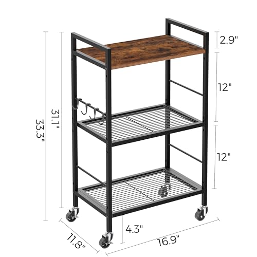 3-Tier Metal Storage Rack with Industrial Wheels,Mesh Shelving Unit with Wooden Table top,Adjustable Shelf,16.9-Inch Width,for Kitchen,Laundry,Pantry,Plant,Black - color: Brown Panel, size: 3 Tier (16.9"W x 11.8"D)