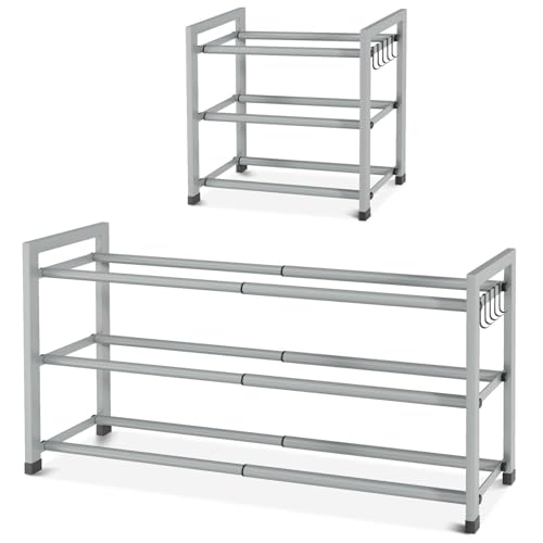 Expandable Shoe Rack for Closet Adjustable Metal Shoe Rack for Entryway 18.5"-33" Free Standing Shoe Organizer 12 Pairs with Hooks 3-Tier Small Shoe Shelf for Bedroom Garage Dorm Floor, Grey - color: Grey