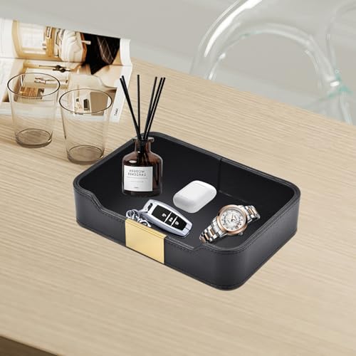 Luxury Leather Valet Tray Desktop Storage Organizer,Bedside Vanity Catchall Tray Nightstand Caddy Holder for Cosmetic,Jewelry,Watch,Keys,Phone,Wallet,Remote Controller,Pen,Black - color: Black