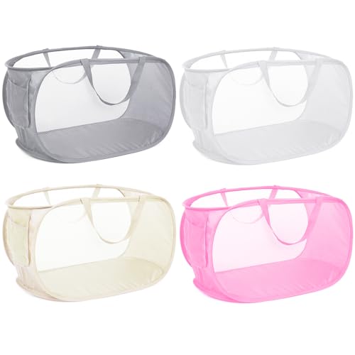 4 Pack Collapsible Laundry Baskets, Foldable Laundry Basket with Pocket, Durable Mesh Pop Up Hampers, Reinforced Handles Dirty Clothes Hamper for Laundry, Bedroom, Bathroom, Dorm, Travel or Camping - color: Gray+White+Beige+Pink
