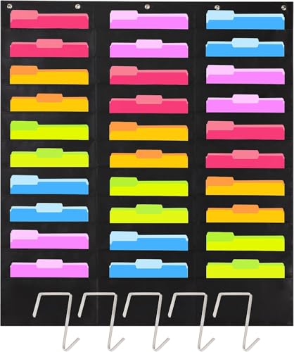 Hippo Creation Heavy Duty Storage Pocket Chart for Classroom, 30 Pocket Storage Organizer with 5 Over-Door Hangers, Hanging Wall Organizer for File Folders, School Mailbox, Home Office Papers - Black - color: Black - 30 Pockets