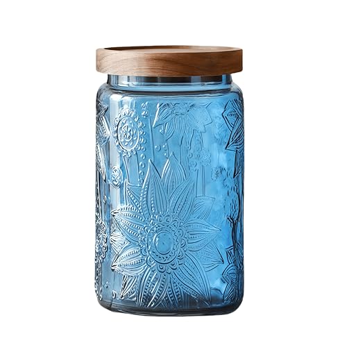 ANSQU Vintage Glass Jar with Solid Wood Lid, 34 FL OZ Blue Sunflower Decorative Jar, Glass Food Storage Container for Coffee, Tea Bags, Nuts, Sugar, Jam, Pet Food (Blue, 1 Pack) - color: Blue, size: 34 Ounces