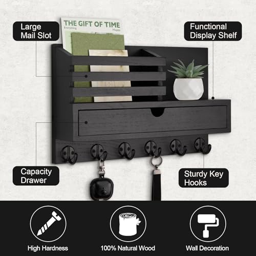 Key Holder Wall Mount, Mail Holder with Storage Drawer and 6 Key Hooks for Coat, Dog Leash, Home Decor Rack, House Accessories, Entry Way Organizer - color: Black, size: Large - 13.8 Inch