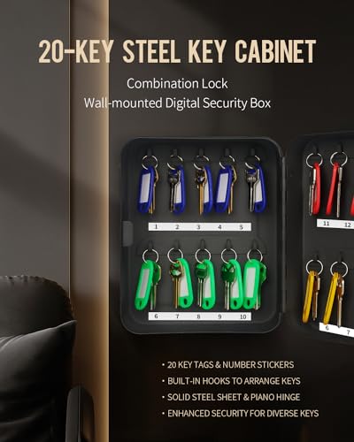 Uniclife 20 Position Key Cabinet with Combination Lock Resettable Black Digital Security Storage Box Steel Key Organizer with Colorful Key Tag Labels Stickers and Hooks - color: Black, size: 20 Keys
