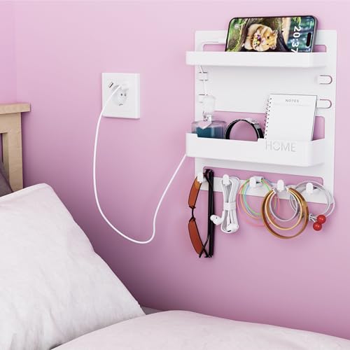 SUOXING Bedside Wall Organizer for Bedroom,Rv,Small Rooms,Nightstand and Bedside Wall Shelf for Earphone,Glasses,Remote Control,Phone Charging Shelf,Dorm Decor for College Girls and Teen Girl,White - color: White