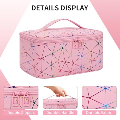 OCHEAL Makeup Bag - Portable Large Capacity Travel Cosmetic Case for Women with Handle and Divider Toiletry Organizer for Girls on the Go -Geometric Pink - color: 0021_Geometric Pink, size: Medium