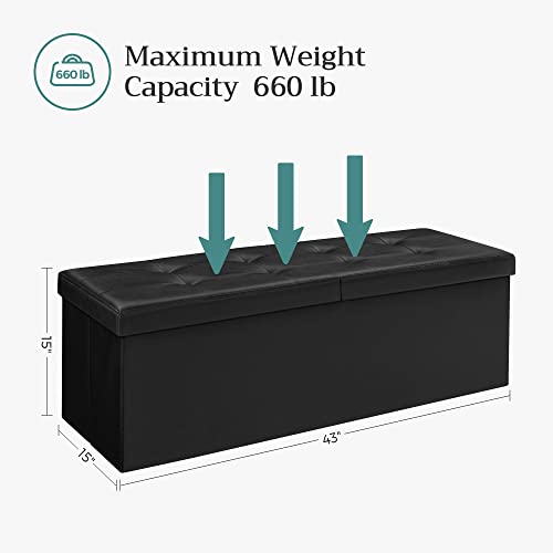 SONGMICS MAZIE Collection - 43 Inches Storage Ottoman Bench with Flipping Lid, Storage Chest with Iron Frame Support, Load 660 lb, for Living Room, Bedroom, Synthetic Leather, Black ULSF75BK - color: Black, size: 15"D x 43"W x 15"H