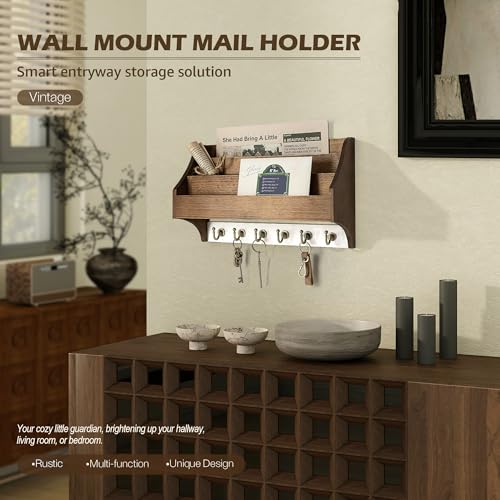Rebee Vision Pine Wood Key Holder Wall Mount - Farmhouse 3-Tire Mail Holder with 6 Key Hooks for Home Decor- Multifunctional Wall Organizer for Hanging Letter (Brown&White) - color: Brown&White