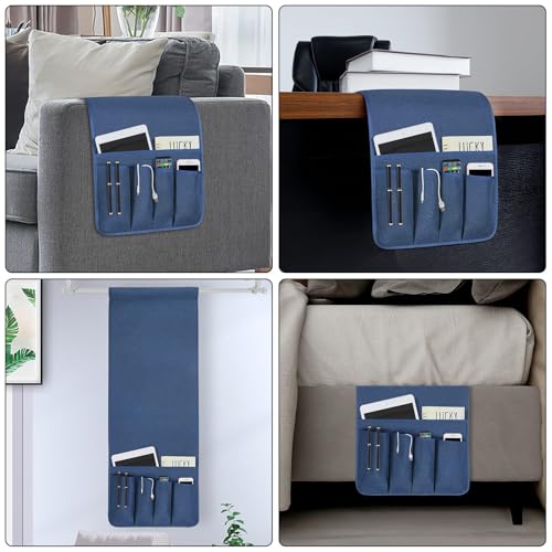 NB Remote Control Holder，Bedside & Armchair & Couch Caddy with Non-Slip Base，5 Pockets Oxford Fabric Bed Desk Storage Pocket for Phone Tablet Kindle Magazines，Gifts for Seniors (Blue， 35"X12.4") - color: Blue, size: 35"x12.4"