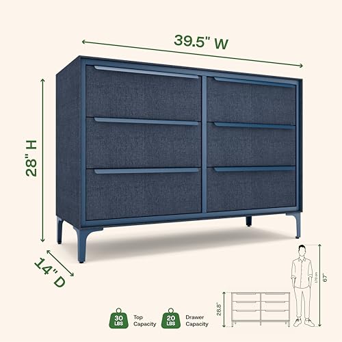 tinge Naima Premium Fabric Dresser - Strong Metal Frame, 6 Spacious Sag-Proof Drawers with Sleek Metal Handles - Premium & Durable Storage Solution for Your Home (Navy) - color: Ocean Blue (Navy), size: 14"D x 39.5"W x 28"H (6 Drawers)