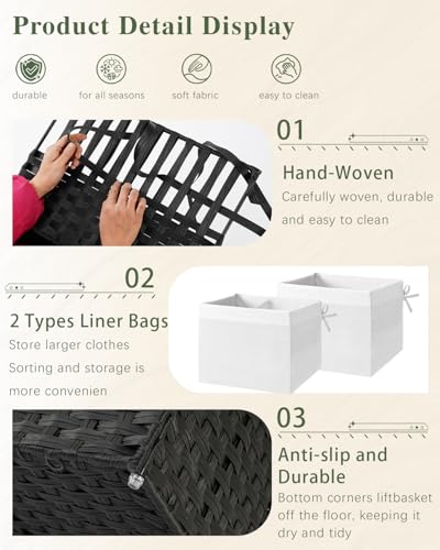 SETVSON Storage Basket with Lid Rattan Storage Basket with 2 Separate Lid, 27.8 Gallon (105 L) 25.2 * 15.4 * 16.1 Inches Woven Wicker Baskets with 2 Liners and Handles for Bedroom Laundry Black - color: Black, size: 105L-25.2L*15.4W*16.1H