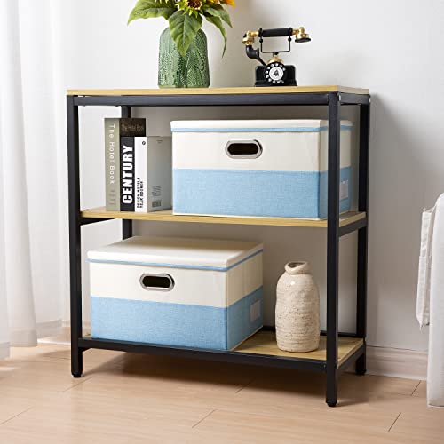 PRANDOM Large Foldable Storage Boxes with Lids [3-Pack] Fabric Collapsible Storage Bins Organizer Containers Baskets Cube with Cover for Home Bedroom Closet Office Nursery Blue&Cream(17.7x11.8x11.8) - color: Blue&Cream, size: L(3-Pack)