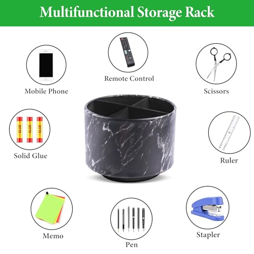 Round Leather Art Supply Organizer,Remote Control Holder,360-degree Rotating Pen Organizer with 4 Compartments(1-Marble Black Silver) - color: 1-Marble Black Silver