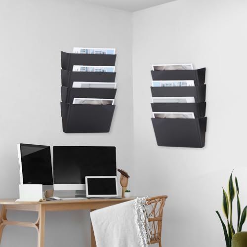 EASEPRES 8 Pack Black Plastic Single Pocket Hanging File Organizer, Wall Mount Paper Mails Magazines Holder, Mounted Folder Bins for Office School and Home, 12.99x4.13x7.48 inches - color: Black, size: 8 Pack