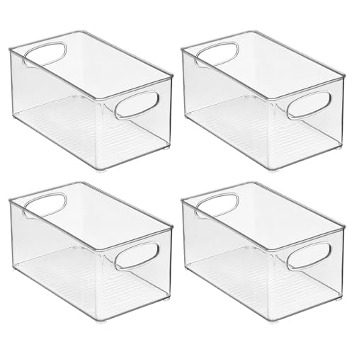 mDesign Plastic Bathroom Storage Container Bins w/ Handles - Closet, Cabinet, Vanity, Cupboard Shelf Organization, Hair Tools Accessory Organizer - Ligne Collection; Clear, 10x6x5 (Pack of 4) - size: 10 x 6 x 5 (Pack of 4)