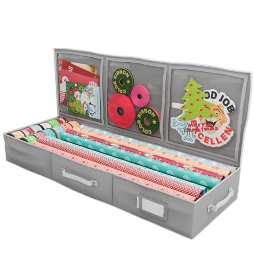 Primode Wrapping Paper Storage Container | Gift Wrap Organizer Under Bed 41”x14”x6” Box Holder for 18-24 Rolls Up to 40” | 600D Oxford Material | Pockets for Ribbon Bows (Grey) - color: Grey
