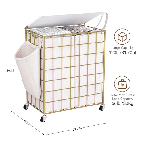 Laundry Basket with Wheels, Heavy Duty Laundry Sorter 2 Sections, 120L (32Gal.) Large Capacity Laundry Hamper with Wood Lid, 360 Rolling Wheels, Extra Side Pocket, Leather Pull Handle, Golden - color: Golden, size: 120L