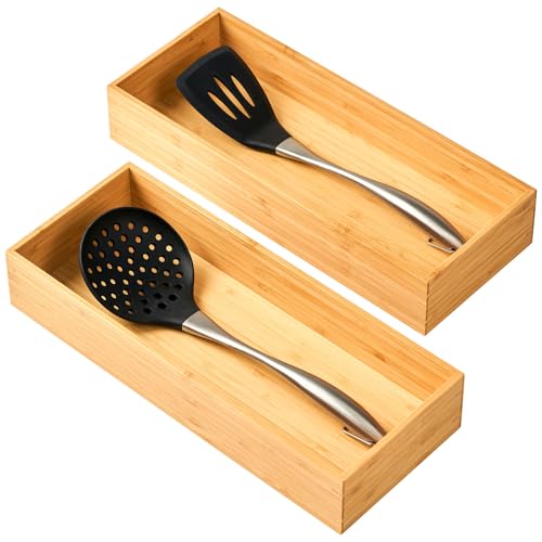 Umilife Bamboo Kitchen Utensils Organizer, Extra High Silverware Drawer Tray, Flatware Cutlery Storage Box, Multi-Use Holder in Office, Bathroom, Pantry - 15"x6"x2.5" (Set of 2) - size: 15 x 6 x 2.5" (Standard, Set of 2)