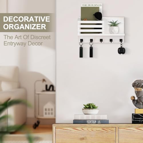 Key Holder Wall Mount, Mail Organizer for Wall with 5 Square Rustic Key Hooks Key Shelf Farmhouse Home Decor for Entryway - color: Whitewash