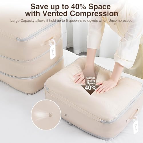 DIMJ Comforter Storage Bag - 110L Large Capacity Ultra Space Saving Self Compression Organize for Duvet, Pillow, Bedding, Blanket Storage Organizer Nylon Compression Bags, Sheet Storage - color: Beige, size: 110L x 2 Pack