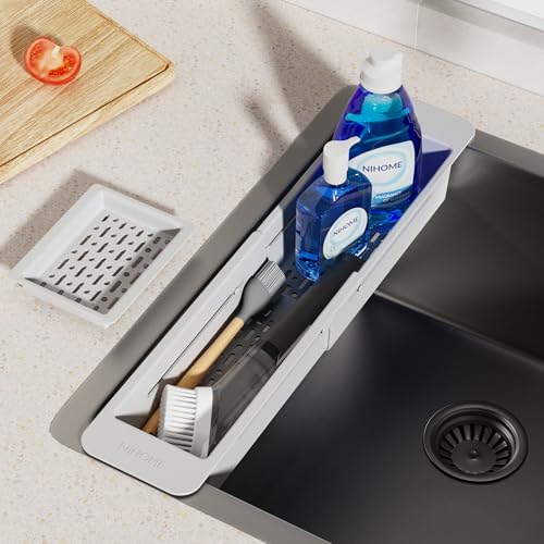 NiHome Extendable Over Sink Kitchen Organizer, Small Telescopic Brush Storage Rack for Sponge, Non-Slip Pads Expandable Sink Caddy, Adjustable Sponge/Brush Rack with Drainage Durable ABS (Gray) - color: Gray, size: Standard