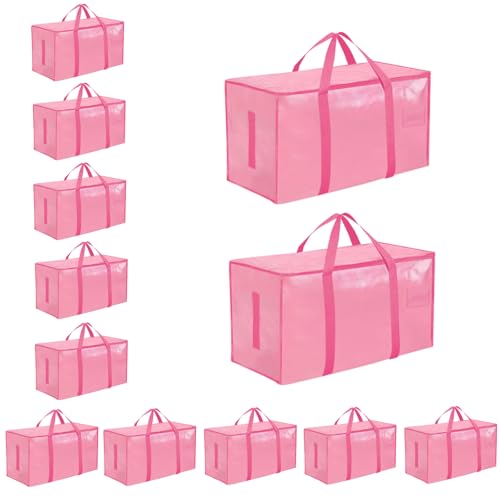 12 Pack-Extra Large Heavy Duty Moving Bags - Waterproof Storage Totes with Handles & Zippers, Foldable for College Dorm, Storage (Pink) - color: Pink, size: 12