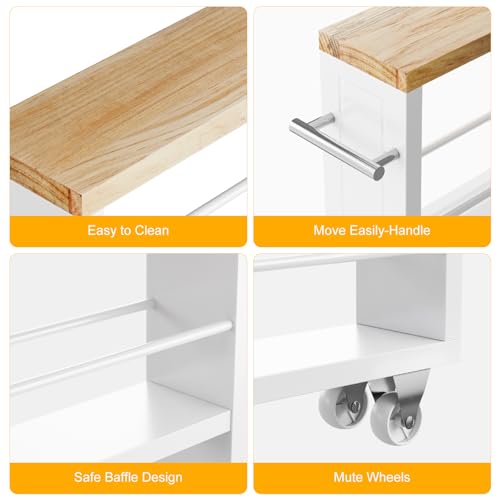 KLM 4 Tier White Slim Storage Cart with Handle, Slide Out Storage Rolling Utility Cart for Kitchen, Laundry, Narrow Places