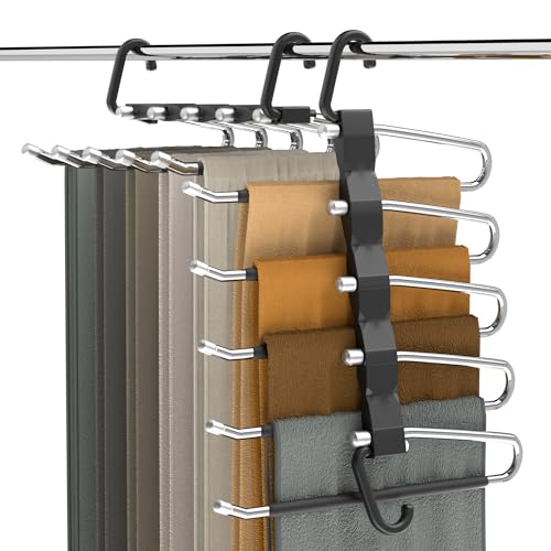 Pants Hangers Space Saving - 2 Pack Closet Organizer and Storage Jean Hangers, Stainless Steel Anti-Slip Clothes Hanger Scarf Holder for Pants Jeans Leggings Trousers Pant Rack, Black - size: 2