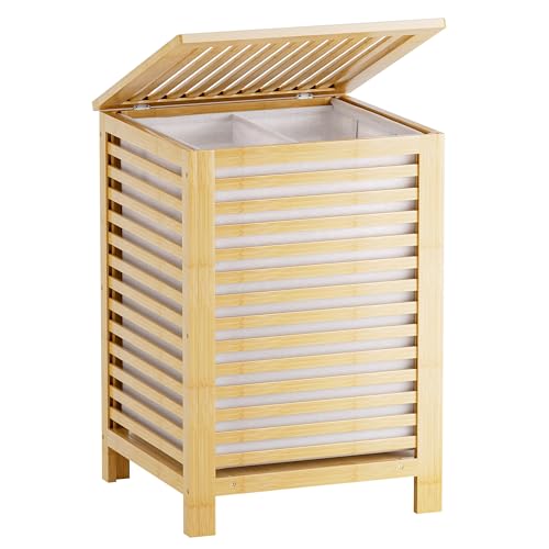 SMIBUY Double Laundry Hamper with Lid, 120L Bamboo Laundry Basket with Removable Liner Bag, 2-Section Clothes Divider Laundry Sorter for Laundry Room, Bathroom, Bedroom (Natural) - color: Natural