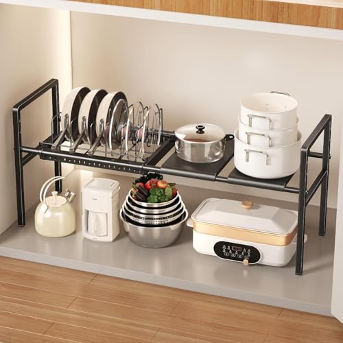 Mustorn Pots and Pans Organizer Under Cabinet, Expandable 1 Tier Under Sink Organizers and Storage Adjustable Height Kitchen Pot and Pan Lid Holder Rack with 6 Dividers Under Cabinet Shelf(Black) - size: 2panels &1 pot rack-1 Tier