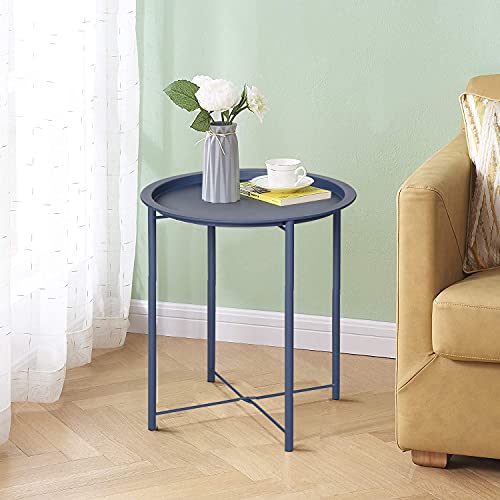 VECELO Side/End Table, Folding Round Metal Anti-Rust and Waterproof Outdoor or Indoor Tray for Living Room Bedroom Balcony and Office, 2 PCS, Blue - color: Blue, size: 2 PCS