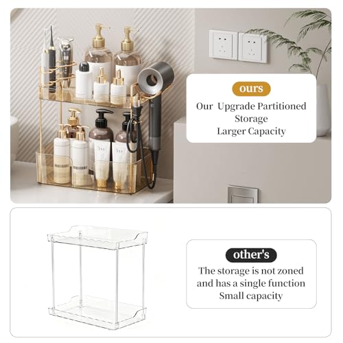 Bathroom Counter Organizer for Vanity, Makeup Organizer Countertop with Holder, Large Capacity Storage Rack, Perfect Large Skincare, Hair Care, Perfume, Easy to Install (Gold, 2Tiers) - color: Amber, size: 2 Tiers