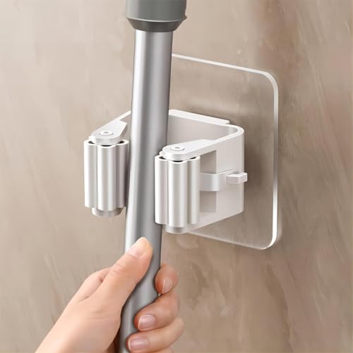 4Pcs Broom Holder Mop Hanger Wall Mount Hook Plastic Easy Install No-Drill Strong Adhesive Organizer - color: White, size: 4 Pcs