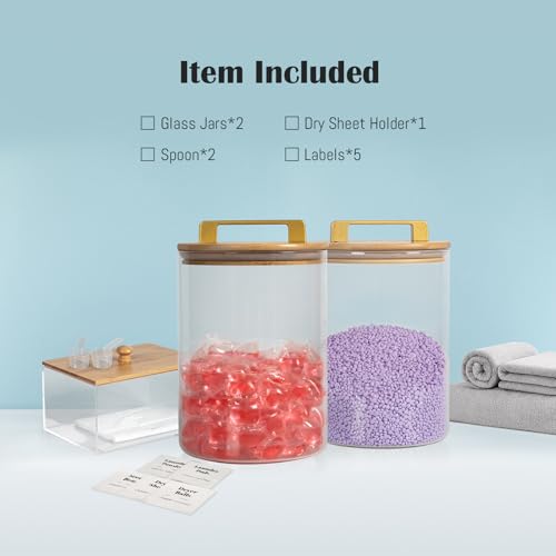 Glass Jars For Laundry Room Organization and Storage, 2 Pack -0.9 Gallon Laundry Detergent Containers for Scent Beads, Powder,Pods With Lids, 5 Labels, 2 Scoops，1 Acrylic Dryer Sheet Holder Included