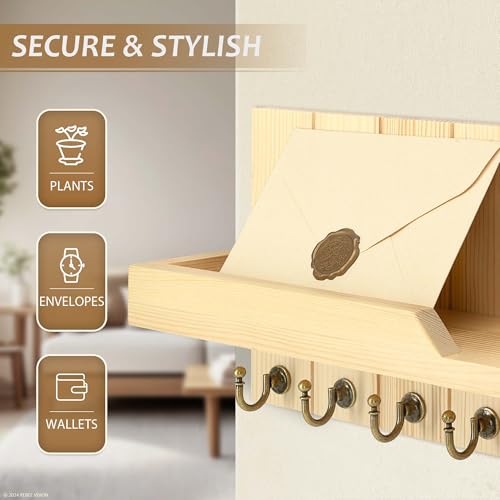 Rebee Vision Farmhouse Pine Key Holder Wall Mount for Room Decor - Key Holder for Wall with Floating Shelf for Placeable Plants- Rustic Key Hanger for Apartment Essentials (Original Wood,15-inch) - color: Original Wood, size: 15-inch