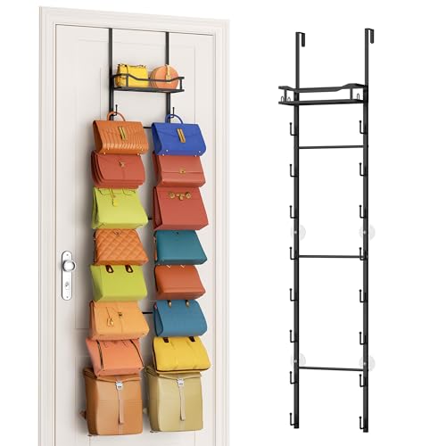 SWTYMIKI Over The Door Purse Organizer - Wall Mounted Purse Rack with 16 Hooks and Metal Basket, Handbag Hanger Organizer Holds up to 16 Bags, Bag Rack Can Use As 1/2 Part, for Door, Closet - color: Black, size: 9-Tier
